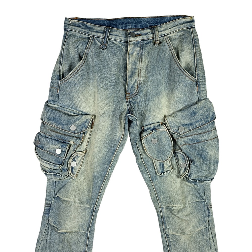MNML Cargo Jeans Men Sz 28 Stone Wash Multi Pocket M68 Streetwear Utility Denim